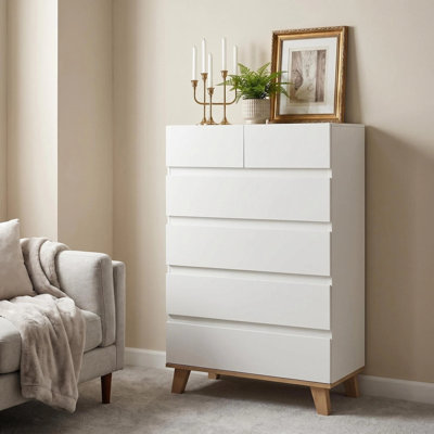 4+2 Drawer White Dresser, Handle-Free Modern Storage Chest with Solid Natural Wood Legs, 2 Small Drawers,Minimalist Drawer Cabinet
