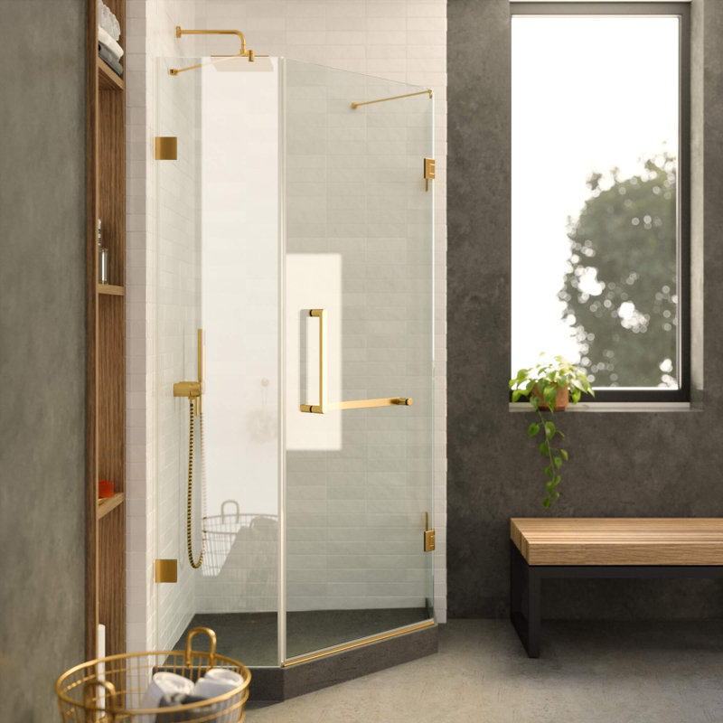 34.25'' W x 74.25'' H Hinged Frameless Shower Door, Satin Brass