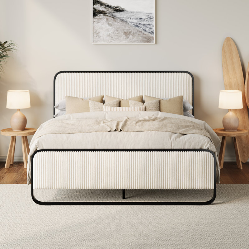 Lit double en velours côtelé crème Arnasia, Double, Crème / Blanc