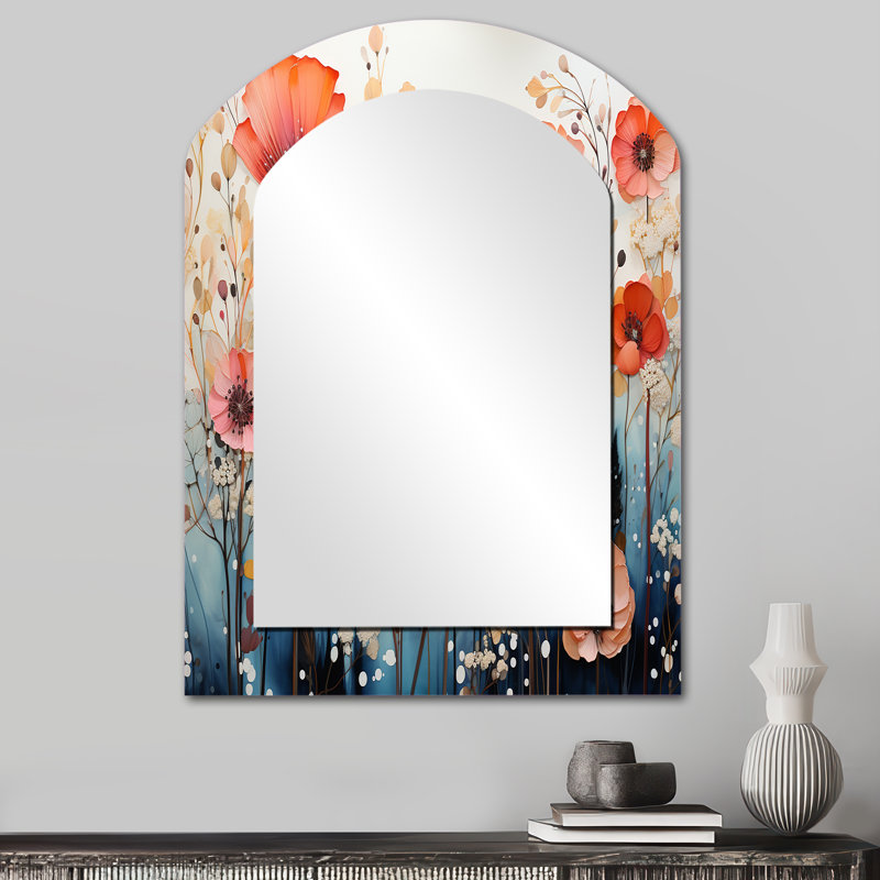 Coral Whimsical Botanical Wilds I - miroir décoratif arqué Botanicals, miroir mural asymétrique corail, impression d'art en métal