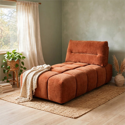 Chaise longue modulaire Leya, dossier réglable, lin corail cannelé et rembourré de mousse