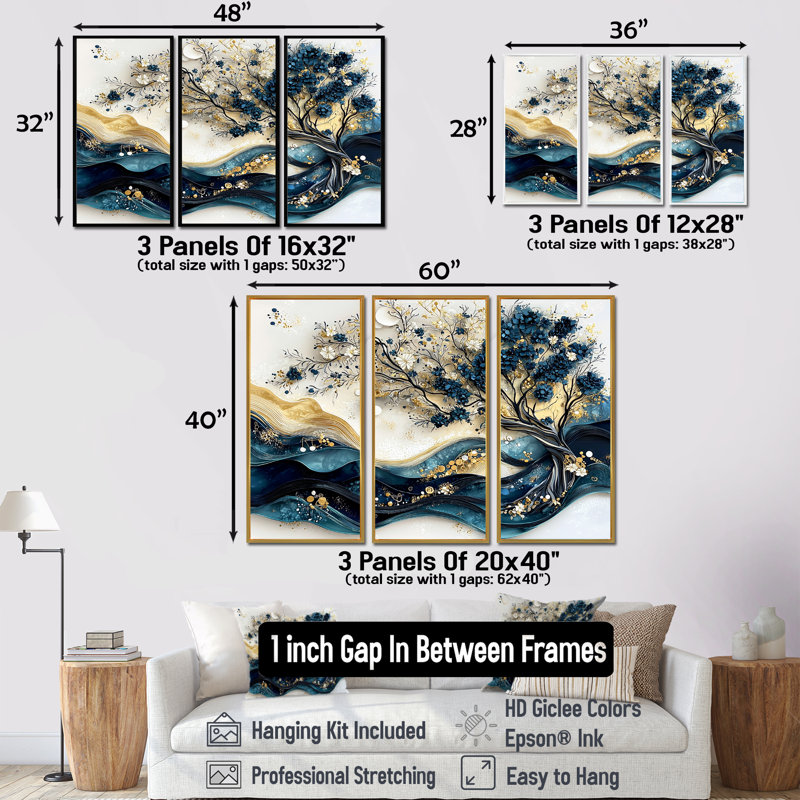 Bleu et blanc, arbre moderne en fleurs III - ensemble d'art mural cerisier en fleurs, Toile avec cadre flottant noir