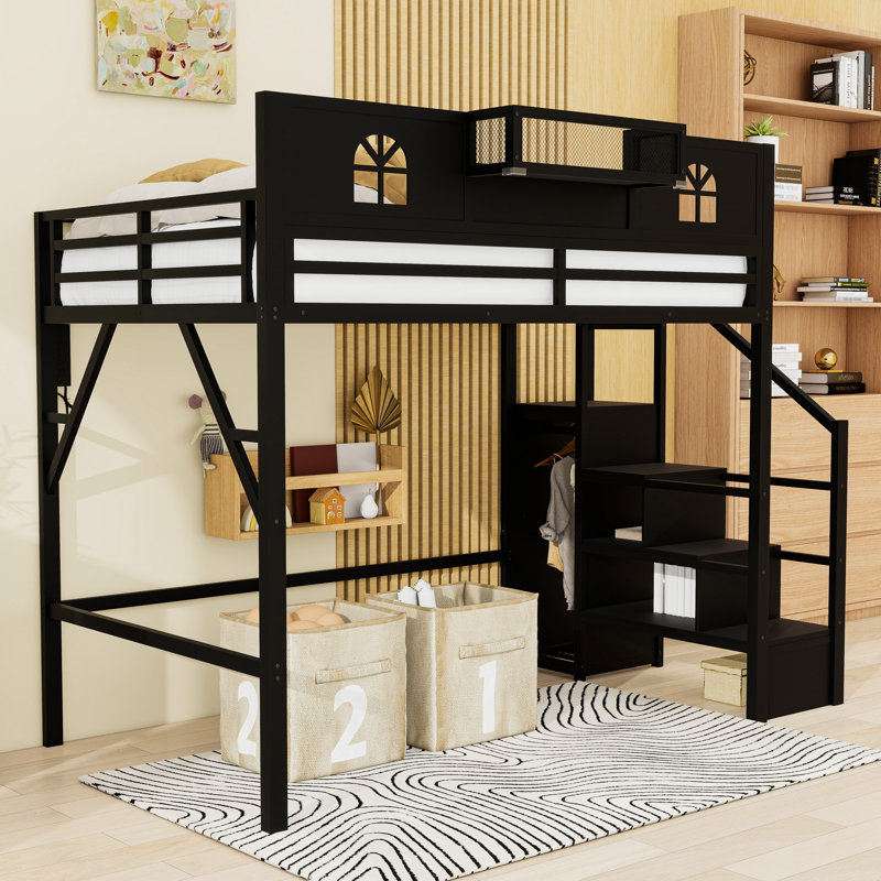 Lit mezzanine en métal avec station de charge, lumière DEL, garde-robe et escalier, Lit double