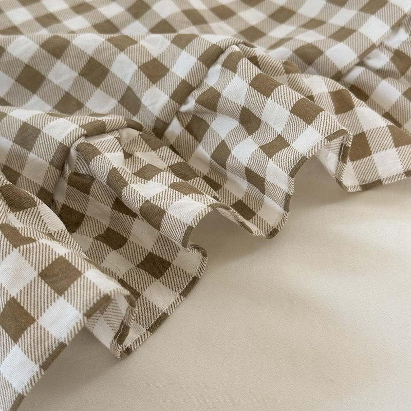 Ensemble d'édredon à volants en microfibre Gingham, Guingan brun clair, Lit simple