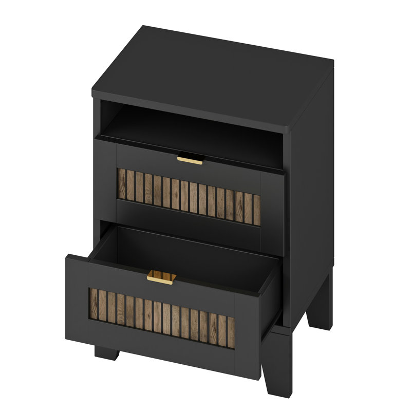 Grand lit 4 chambres: lit plateforme, tables de chevet et commode avec rangement élégant à poignées en métal, rangement noir,