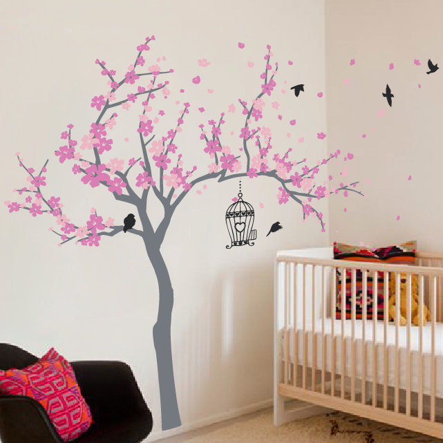Décalcomanie murale Arbre en fleurs et oiseaux, H 72 po x l 92 po x p 0,01 po, Rose