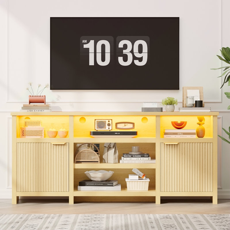 Meuble télé Highboy, meuble télé à DEL pour téléviseur de 80 po, console multimédia avec rangement pour le salon, chêne