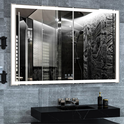 Grand miroir de salle de bain 60 po x 40 po, imperméable, cadre en aluminium avec finition brillante et lisse, 3 modes, écran tactile intelligent
