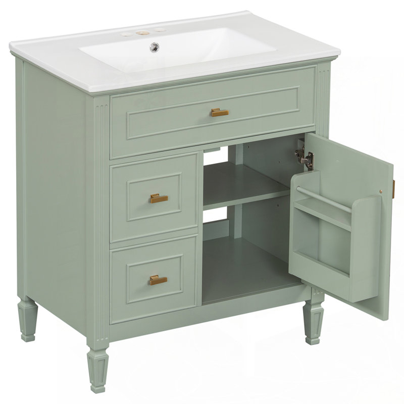 Meuble-lavabo polyvalent avec plusieurs tiroirs et tablettes, Vert
