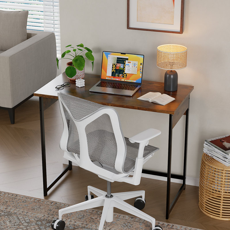 Sturdy Metal Frame Writing Desk, Compact Minimalist Computer Desk for Home Office & Bedroom, 37in, Brown