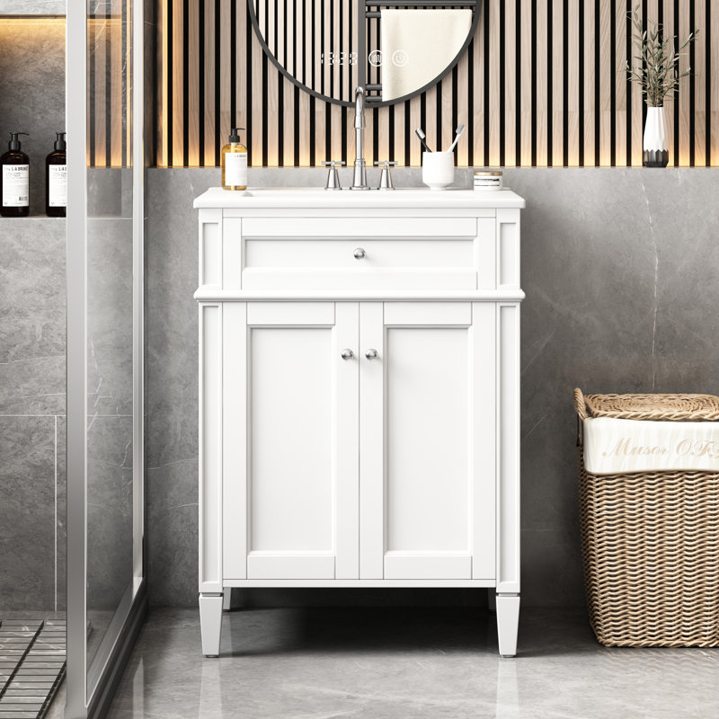 Meuble-lavabo 24 po avec lavabo, tiroir intelligent, charnières à fermeture en douceur et look élégant pour les petits meubles de 24 po, deux portes, céramique brillante basculante, salles de bain de soutien
