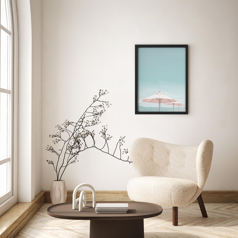 Petit parasol rose contre ciel bleu, intérieur côtier, Illustration de la nature, petit décor, Noir, H 14 po x l 11 po