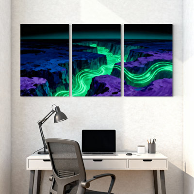 Nautique et plage, rivière néon qui coule à travers un canyon foncé, ensemble de 3 impressions sur toile