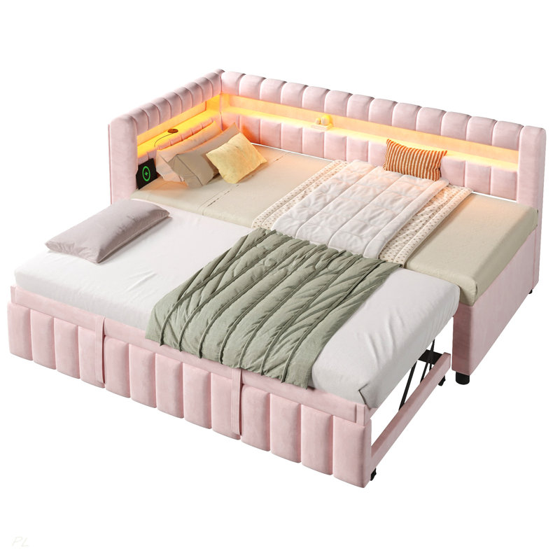 Lit de jour simple TG avec très grand lit avec lumières DEL, USB et lit gigogne escamotable, Pink