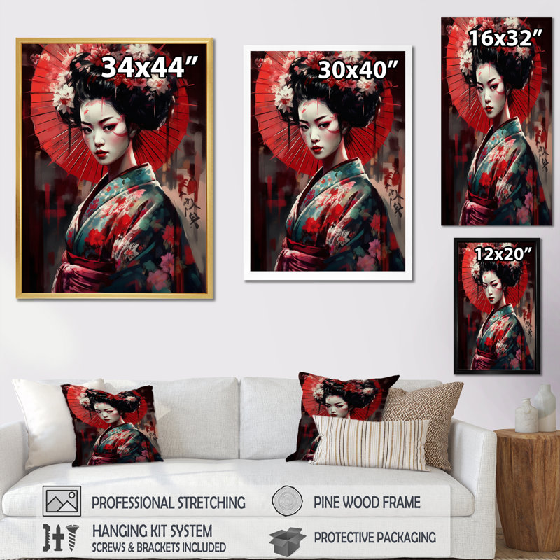 Geisha japonaise élégante en noir et rouge - Imprimé, Cadre flottant blanc, H 40 po x l 30 po x P 1,5 po