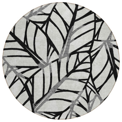 8' Black Gray And Beige Round Floral Washable Indoor Outdoor Area Rug