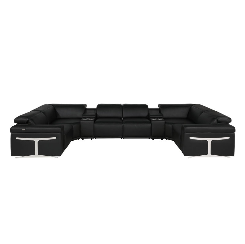 Canapé modulaire en forme de U inclinable électrique en cuir noir de huit pièces avec console