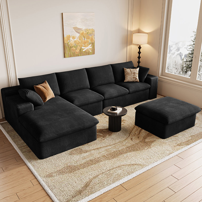 Canapé modulaire en forme de U de 136 po avec méridienne en forme de U, canapé sans dossier en velours côtelé avec repose-pieds, canapé en mousse à mémoire de forme dans une boîte avec siège profond pour le salon, aucun assemblage requis (vert, méridienne)