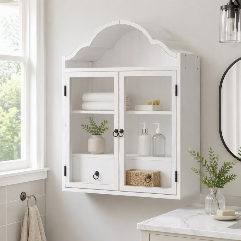 Solid Wood Wall Cabinet with Elegant Wave, White