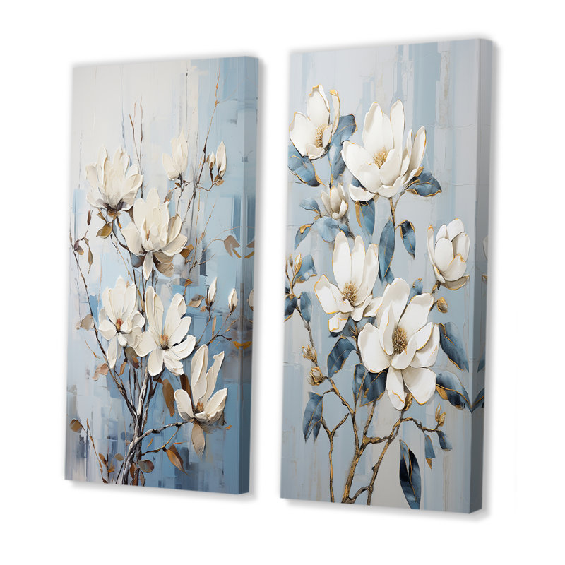 Minimalisme blanc et bleu Magnolias Florescence - ensemble d'art mural sur toile Magnolias, Toile tendue, H 40 po x l 41 po