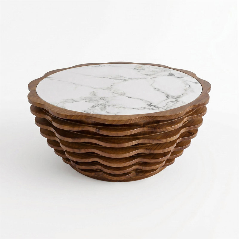 Modern Flower-Shaped Coffee Table with Natural Stone Pattern Top Fully Assembled