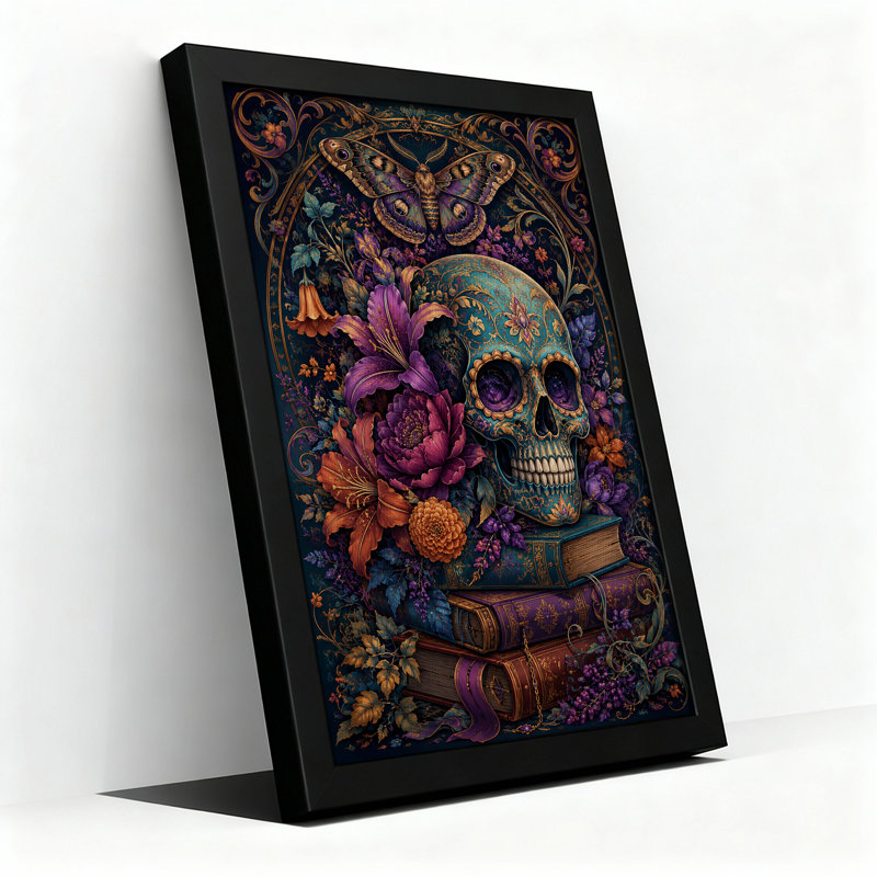 Ornement de crâne bleu sarcelle avec fleurs mauves et toile d'Halloween dorée, H 36 po x l 24 po