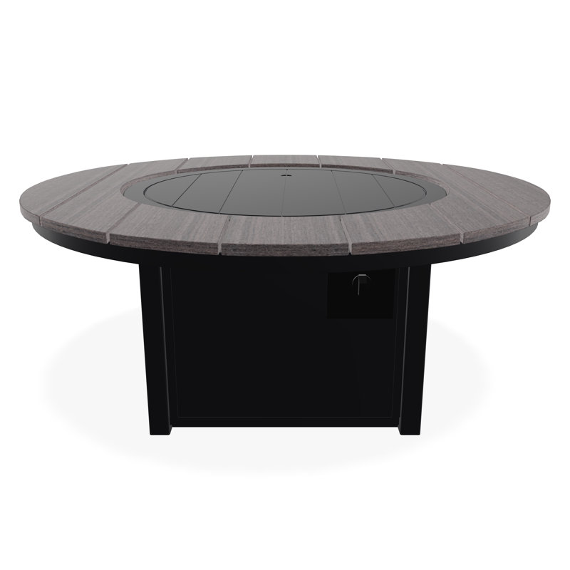 54" Round Rustic Polymer Fire Table with Propane Shelf, Black/Boardwalk