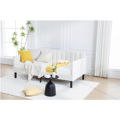 Elena Twin Size Ivory Boucle Upholstered Daybed, Ribbed Tufted Backrest, Daybed in Lavish Modern Design, Richly Hued Foam Comfort