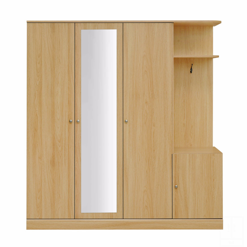 Armoire 4 portes avec tablettes, tiroirs et miroir pleine grandeur, Brun