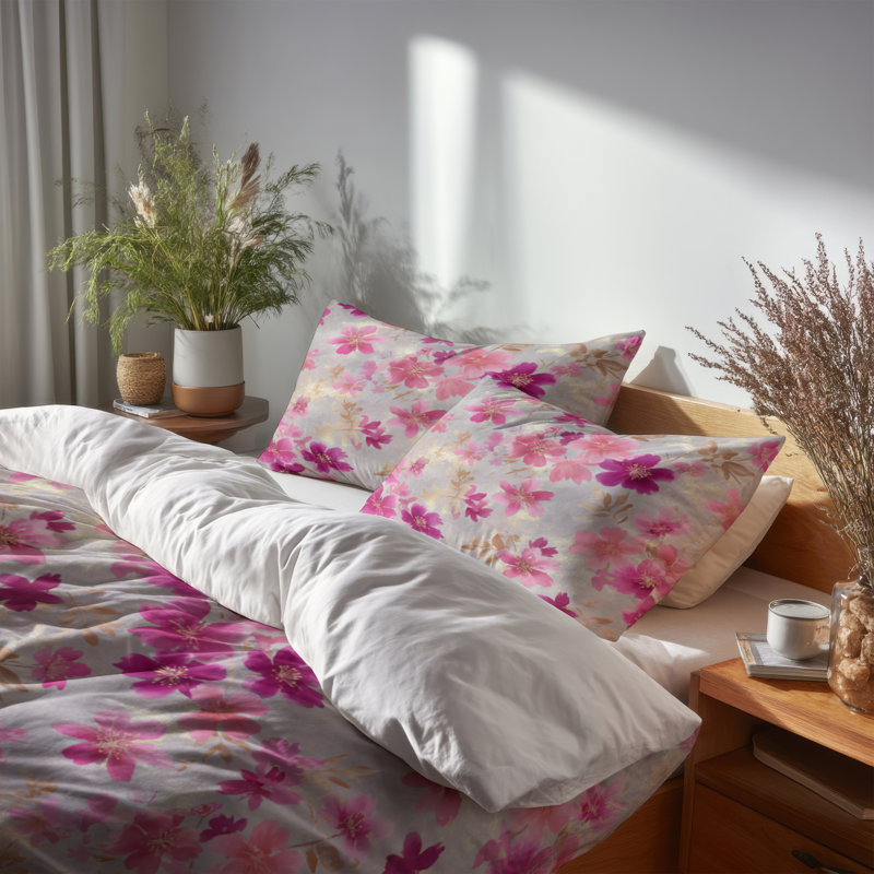 Ensemble de literie à motif floral 3 pièces - housse de couette et coussin décoratif gris fuchsia