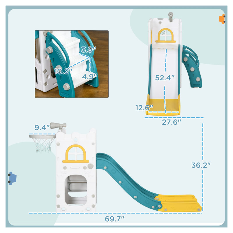 Glissoire pour tout-petits 5 en 1 avec panier de basketball et panier de rangement en vert et jaune