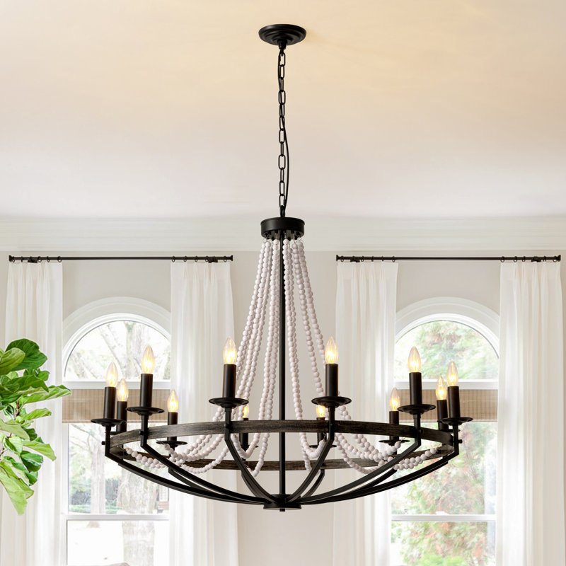  40" 12 - Light Candle Style Dimmable Wagon Wheel Chandelier, Walnut