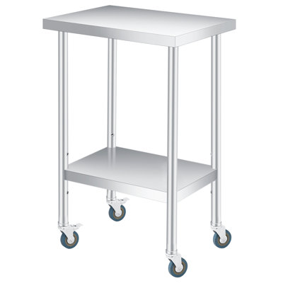 Table d'appoint roulante à 2 niveaux pour terrasse en acier inoxydable - tablette de rangement réglable, table de préparation extérieure robuste avec roulettes, résistante à la rouille, idéale pour la cuisine, le jardin, le restaurant - double couche, taille: 14 x 24 x 35 po, double couche avec roues