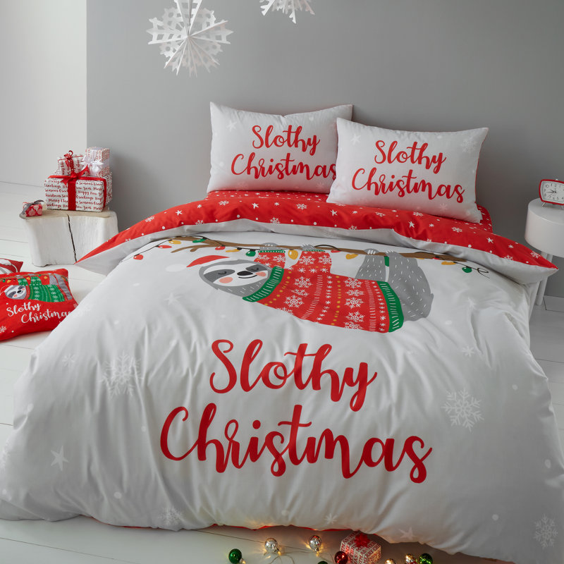 Slothy Christmas Duvet Cover Set With Pillowcases, Double - 2 Standard Pillowcases, Grey