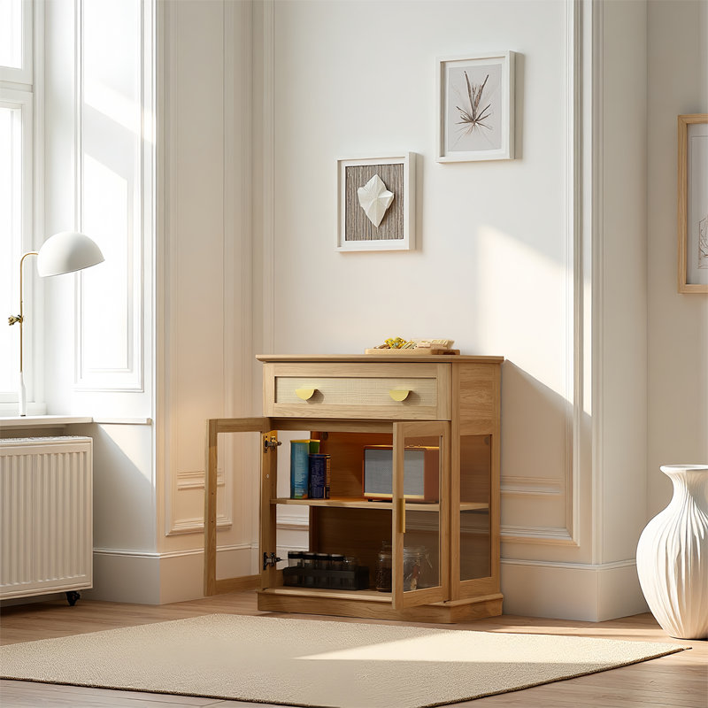 Elegant Small Buffet Cabinet With Led Lights - Space-saving Small Sideboard With Adjustable Shelf, Glass Doors & Drawer - Modern Kitchen Storage For Coffee, Cups & Essentials