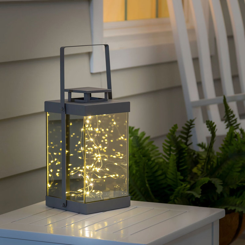 11.42'' Battery Powered Integrated LED Outdoor Lantern, Gray