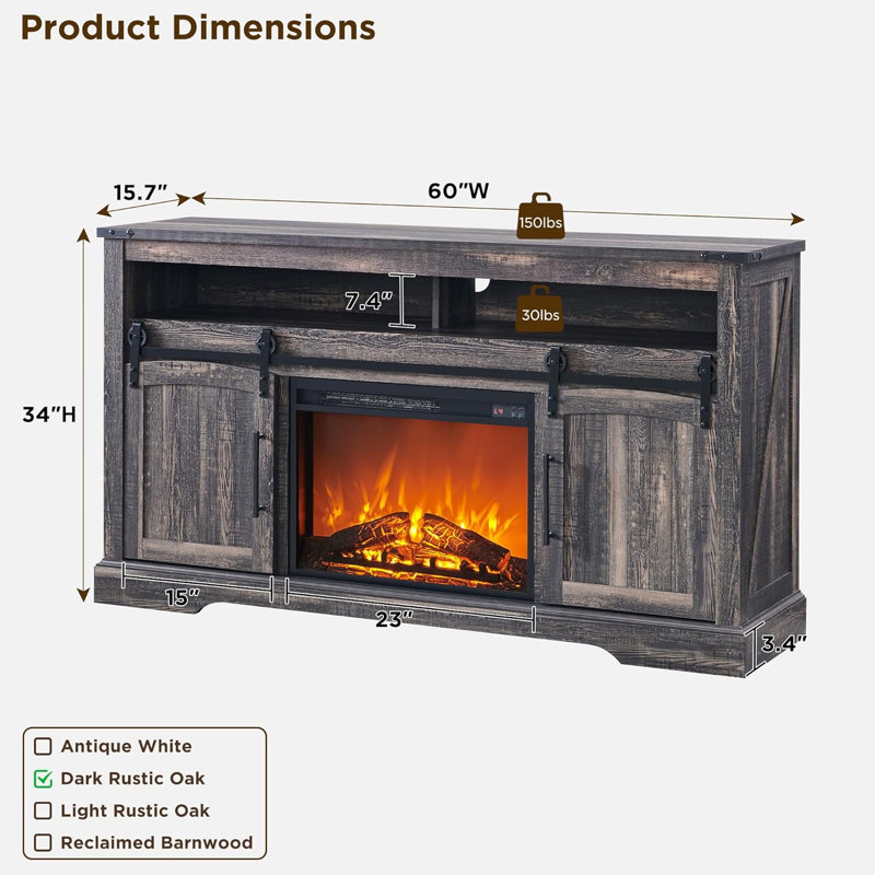 Hirschman 60"W Farmhouse Fireplace TV Stand With Timer, Wood Media Console With Sliding Barn Door, Adjustable Shelf