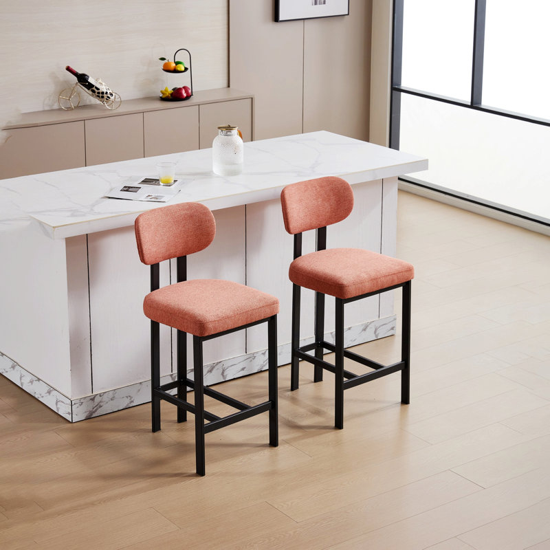 Set Of 2 Bar Stools, Upholstered Counter Height Barstools, Kitchen Chairs With Metal Legs, Orange