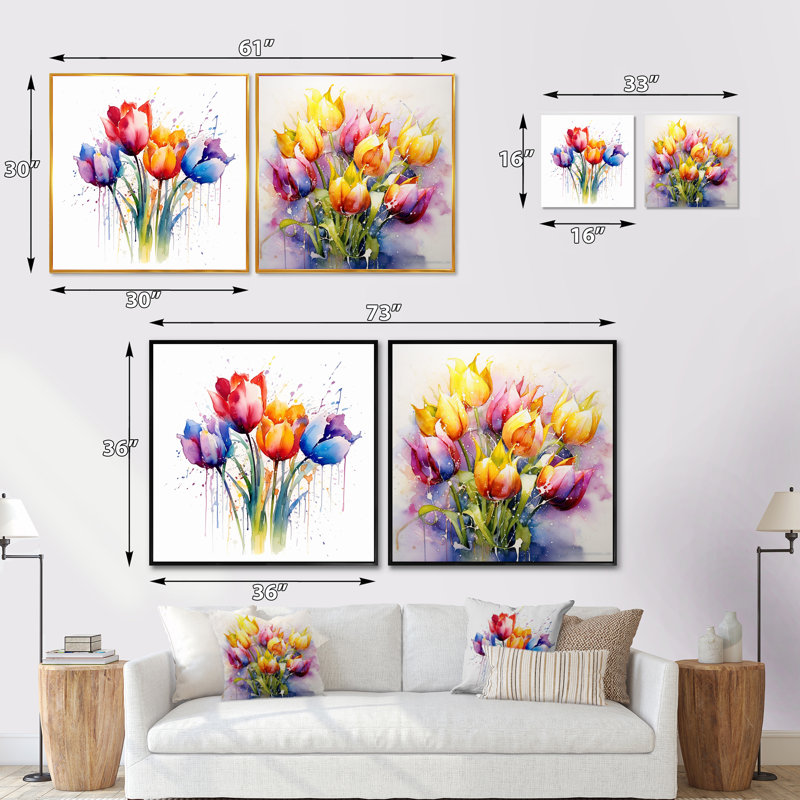 Tulipes colorées - ensemble de 2 tulipes carrées, Cadre flottant noir, H 16 po x l 33 po