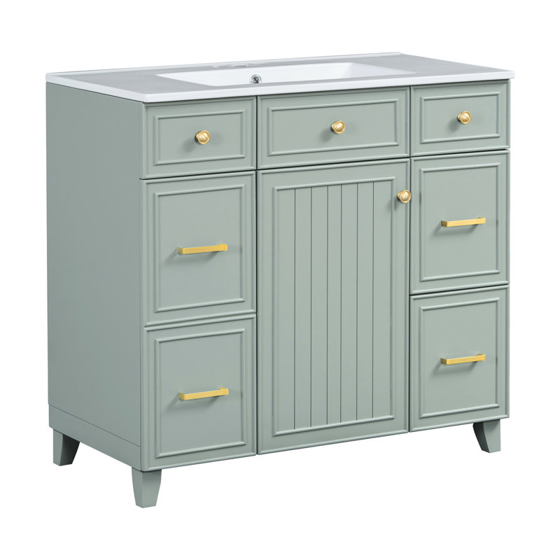 Meuble-lavabo 36 po, structure en bois massif, lavabo en céramique, 3 tiroirs, fermeture en douceur, armoire ajustable, bois, lavabo et étagères