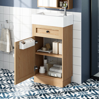 Meuble-lavabo rustique de 18,5 po, lavabo en résine réversible, armoire en matériau, tablettes réglables pour un rangement flexible, poignées en alliage de zinc, finition grain de bois, armoires à charnières à fermeture en douceur silencieuses, tablette intelligente