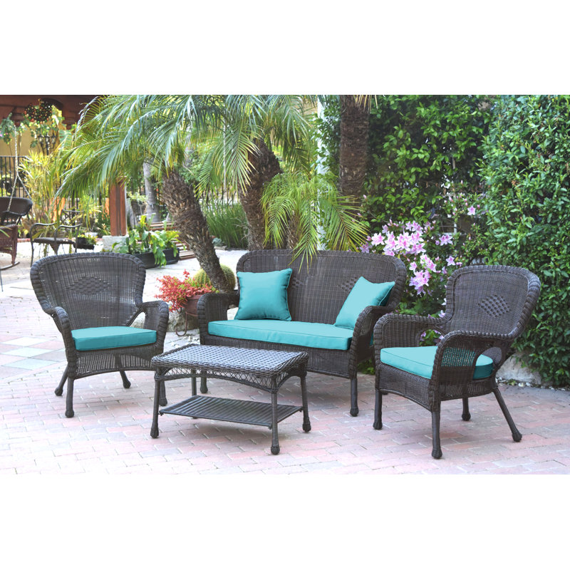 Bellas 4 Piece Sofa Set with Cushions, Espresso, Sky Blue
