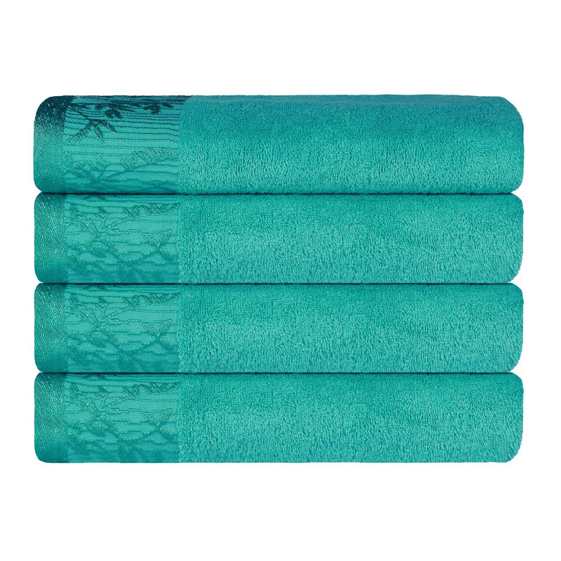 Carinna Cotton Medium Weight Floral Jacquard Border Assorted Bathroom Towel Set, Turquoise, Bath Towels - 4 Pack