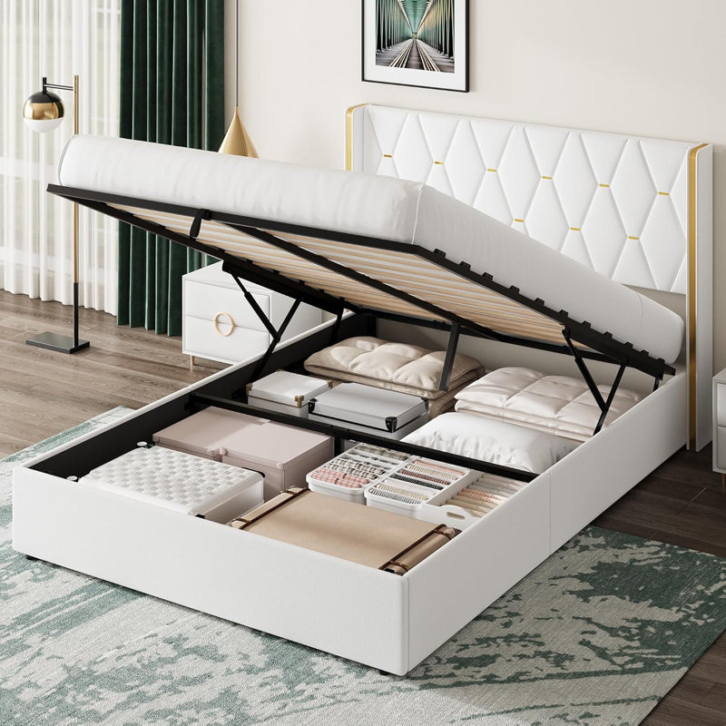 Structure de lit double / grand avec rangement relevable, tête de lit tapissier à oreilles et garniture dorée, aucun sommier requis
