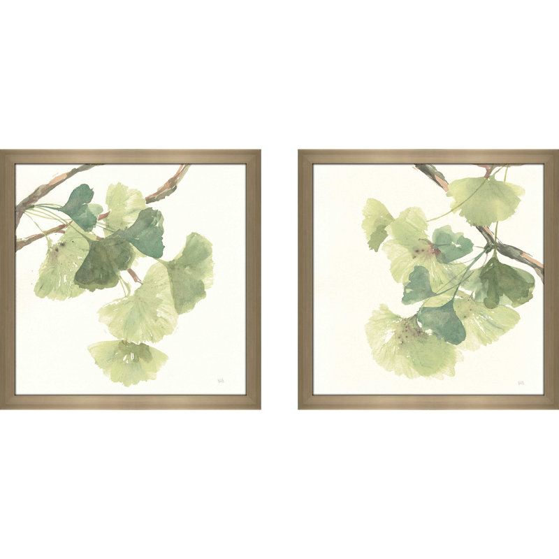 « gingko leaves i light », ensemble de 2 reproductions de peintures à l’aquarelle encadrées, H 16,5 po x l 33 po