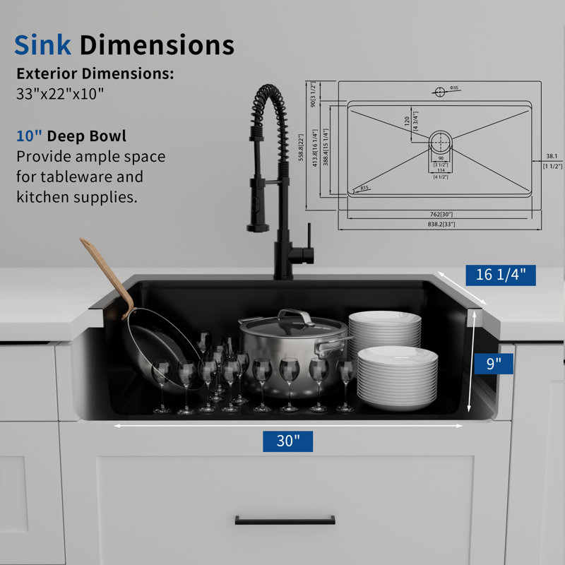 Évier de cuisine simple en acier inoxydable de calibre 16 avec cuve à tablier frontal L 33 po x l 22 po avec accessoires