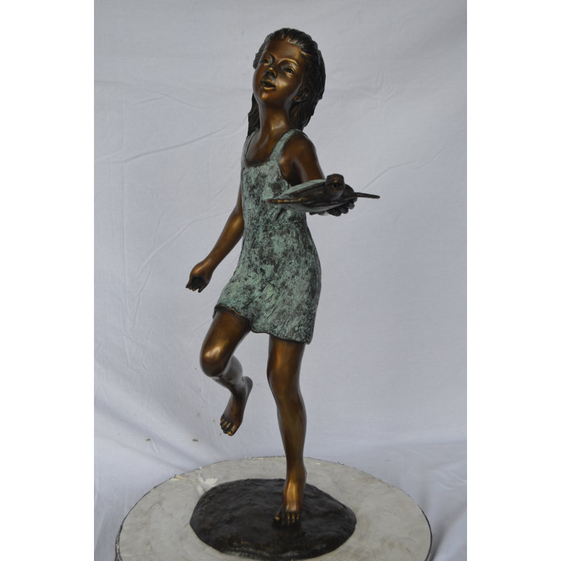 Copper and Metal Girl holding turtle bronze fountain statue -  Size: 26"L x 19"W x 37"H.