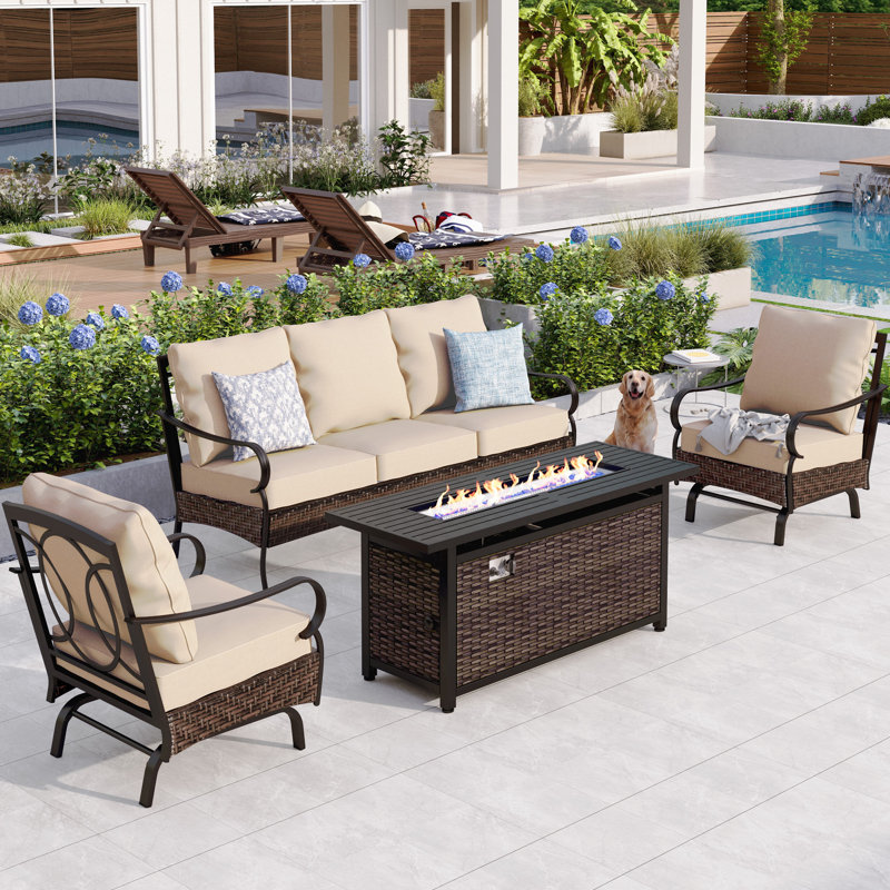 Tapasi 5-7 Person Front Porch Furniture Sets with Fire Pit Table & Rocking Lounge Chairs, No