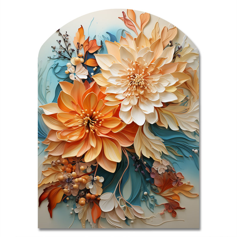 «Orange Teal Botanical Whirlwind I - Arch Abstract Botanicals, décoration murale en métal, reproduction de sculpture murale asymétrique en métal