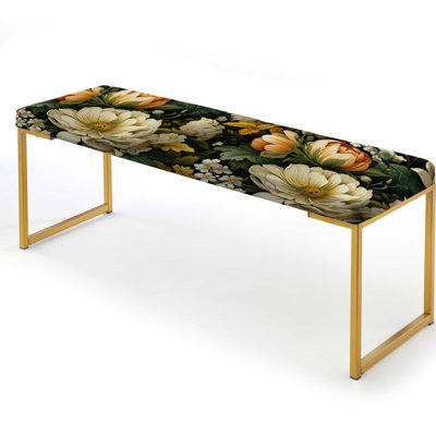Earthy Greens Chrysanthemum Flower Pattern - Floral Upholstered Gold Bench
